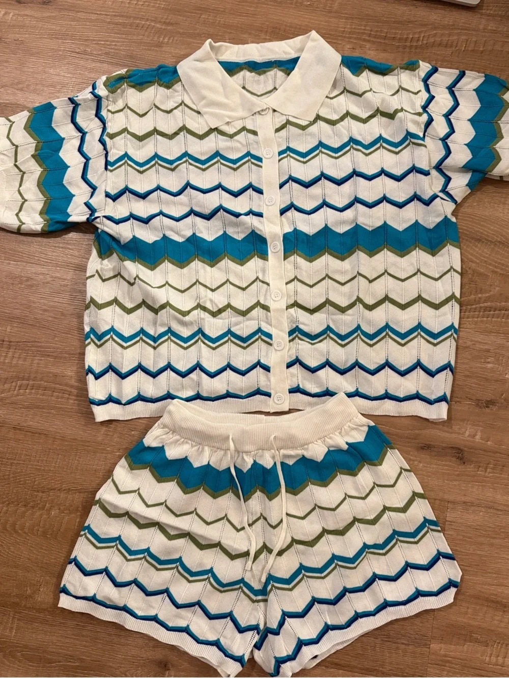 Striped Chevron Knit Two-Piece Set in White, Teal & Olive NWOT